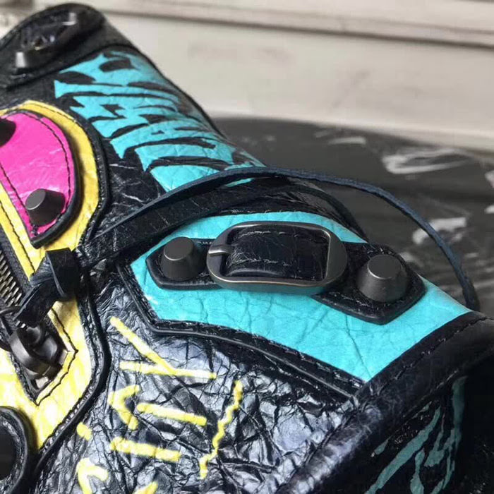 BALENCIAG巴黎世家 Graffiti Classic City 23cm機車包 義大利爆裂紋羊皮 手提肩背斜挎包  BL1465